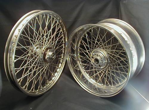 COMPLETE STAINLESS STEEL WHEEL 10.5"x 20"<br/>40 SPOKES WITH DUAL FLANGE HUB, POLISHED  